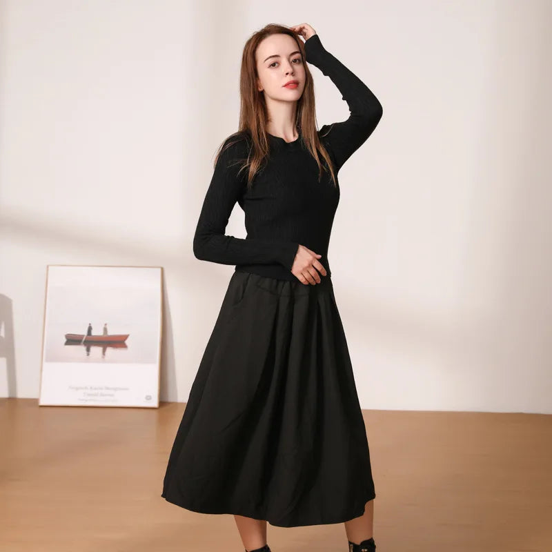 Women's Black One-Piece Sweater Dress Knitted Dresses Elegant and Pretty Young Ladies Knitwear Female Fashion 2023 Tailored Straight A-Line