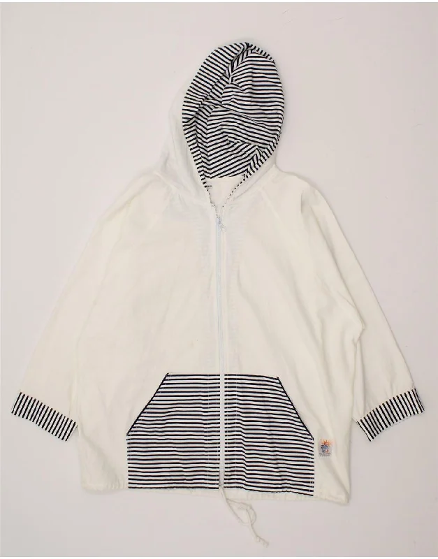 VINTAGE Womens Hooded Racer Jacket UK 20 2XL White Striped Cotton A-Line Jacket Boat Neck Shawl Collar