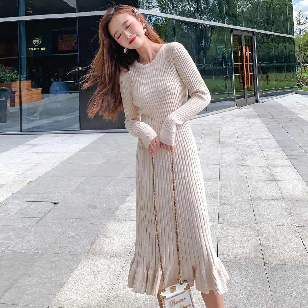 Women Maxi Dress Long Sweater Dress  Knit Fishtail Long Winter Dresses Loose Women Clothing Welt Pockets Slit Pockets Flap Pockets