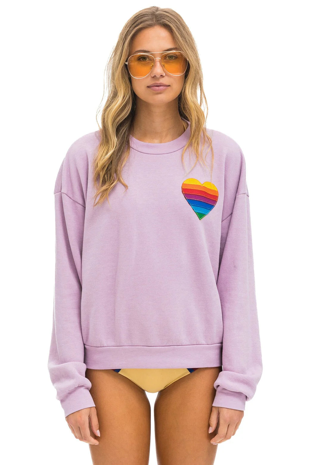 Rainbow Heart Stitch Crew Sweatshirt Relaxed Mauve Hoodie with Mesh Breathable Sporty