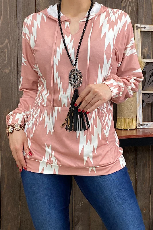 GJQ11746 Pink & white Aztec printed hoodie w/front pocket Hoodie with Hem Ribbing Snug Secure