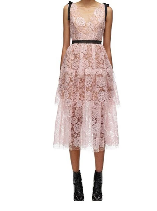 Elegant Floral print Sequin  Lace  Midi  Dress Tunics Modern contemporary