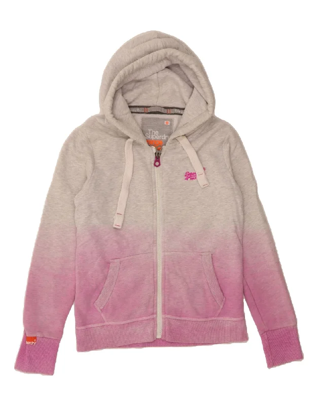 SUPERDRY Womens Crop Zip Hoodie Sweater UK 14 Medium Grey Tie Dye Cotton Plaid Sweater Polka Dot Checkered