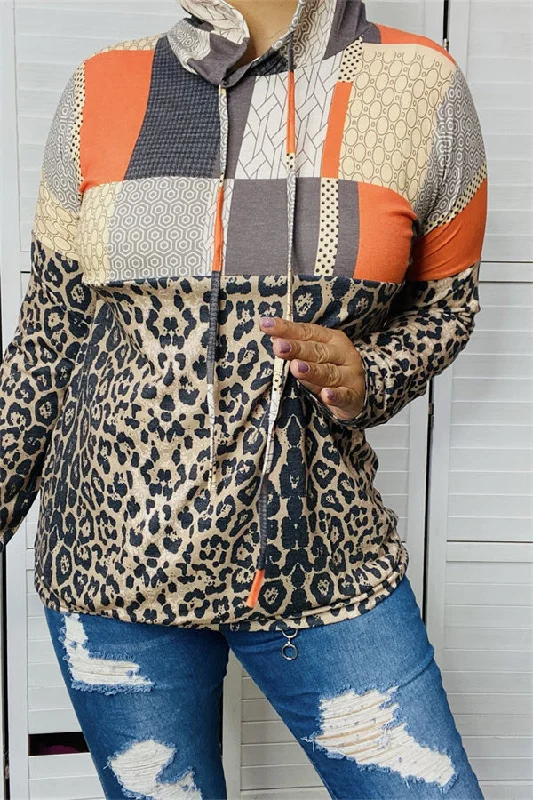 YMY12331 Leopard color block orange hoodie Hoodie with Embroidery Detailed Premium