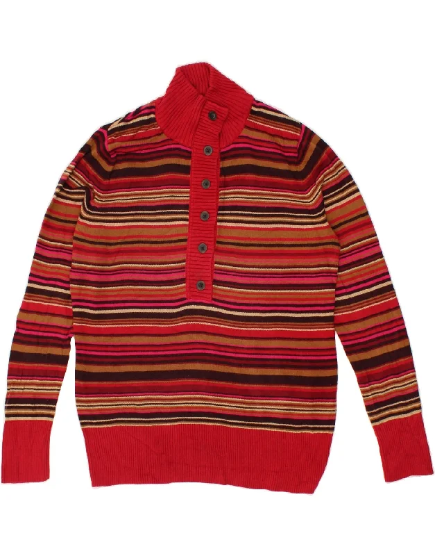 EDDIE BAUER Womens Button Neck Jumper Sweater UK 18 XL Red Striped Cotton Silk Blend Satin Velvet