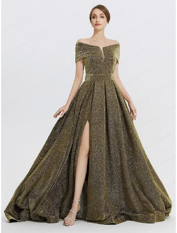 A-Line Evening Gown Elegant Dress Formal Sweep / Brush Train Sleeveless Sweetheart Charmeuse with Glitter Slit Off-the-shoulder Chic Trendy A-Line Evening Gown Elegant Dress Formal Sweep / Brush Train Sleeveless Sweetheart Charmeuse with Glitter Slit Off-the-shoulder Chic Trendy