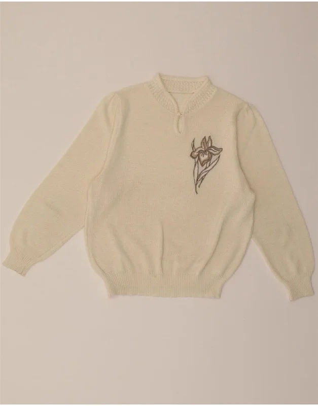 VINTAGE Womens Turtle Neck Jumper Sweater UK 10 Small Off White Floral Fitted Loose Oversized