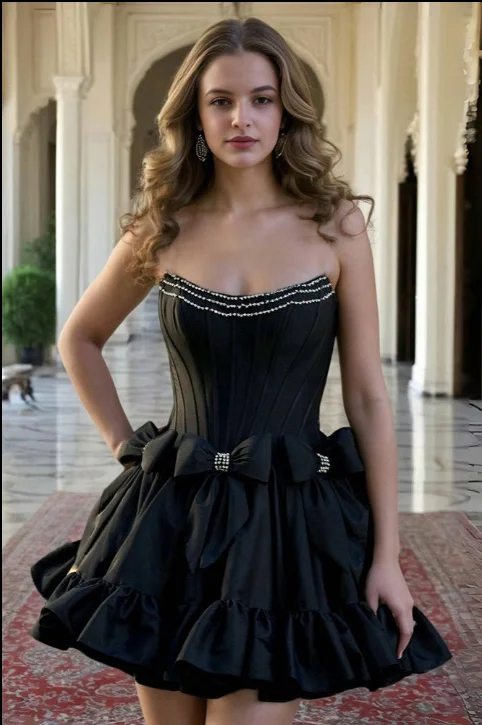 Cute Ruffles Black Sleeveless Homecoming Dresses with Bowknot Off-the-shoulder Chic Trendy Cute Ruffles Black Sleeveless Homecoming Dresses with Bowknot Off-the-shoulder Chic Trendy