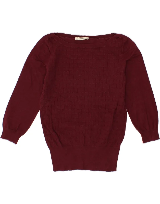 OASIS Womens 3/4 Sleeve Boat Neck Jumper Sweater UK 10 Small Maroon Cotton Terry Blend Velvet Blend Canvas Blend