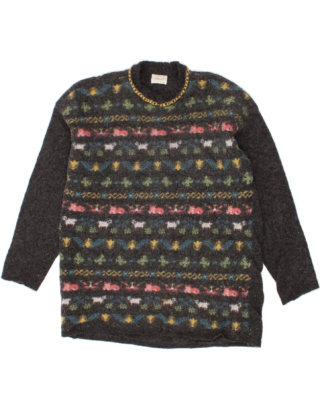 BENETTON Womens Crew Neck Jumper Sweater UK 14 Medium Grey Fair Isle Seamless Knitted Crochet