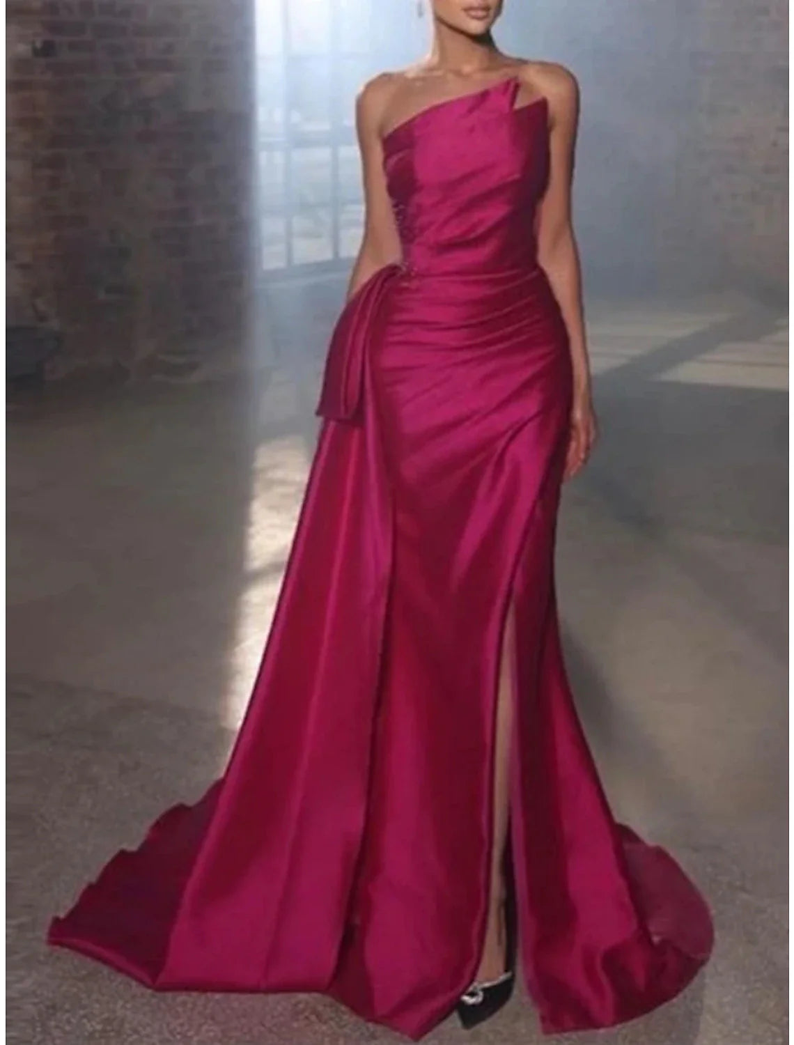 A-Line Evening Gown Elegant Dress Formal Court Train Sleeveless Strapless Satin with Pleats Ruched Sequin Tunics Sophisticated sleek A-Line Evening Gown Elegant Dress Formal Court Train Sleeveless Strapless Satin with Pleats Ruched Sequin Tunics Sophisticated sleek