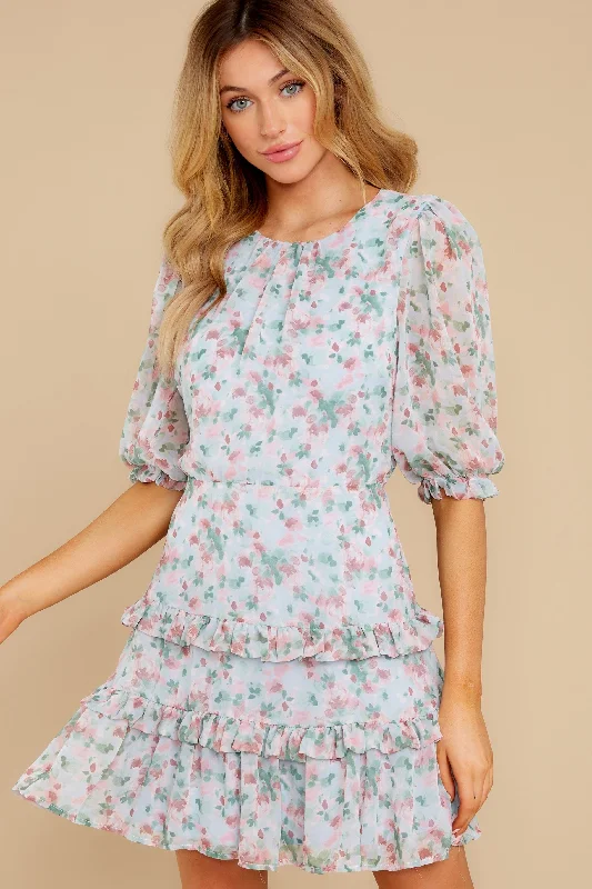 Like A Charm Light Blue Floral Print Dress Tunics Sophisticated sleek