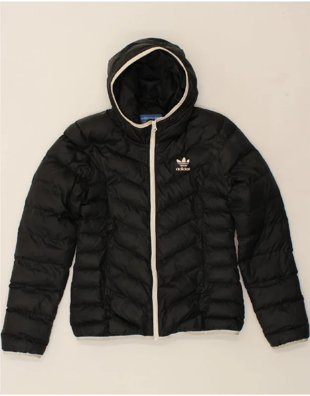 ADIDAS Womens Hooded Padded Jacket UK 12 Medium Black Polyester Hoodie Zip-Up Jacket Button-Up Jacket