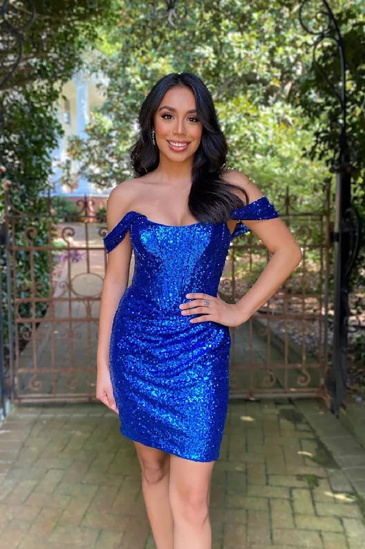 Sparkly Royal Blue Off The Shoulder Sequins Homecoming Dresses Tunics Yoga stretchy