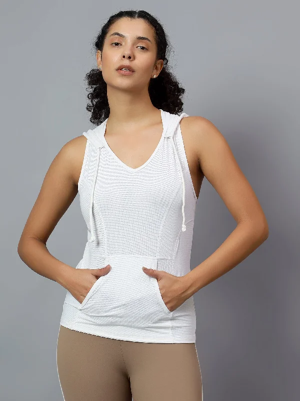 Fitkin Women's White Self Design Sleeveless Hooded Tank Top halter tank top
