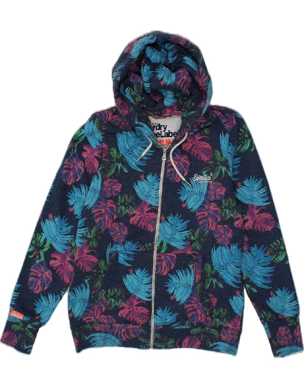 SUPERDRY Womens Zip Hoodie Sweater UK 16 Large Navy Blue Floral Cotton Collared Crew Neck Turtle Neck