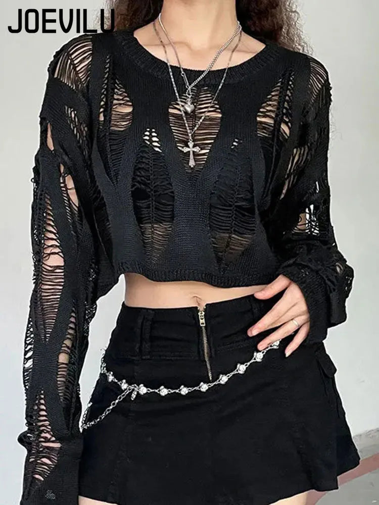 Perforated Hollow Out Knitted Blouse Sunscreen Long Sleeve Top Gothic Dark Black Sexy Thin Sweater Women's Summer Chic Crop Tops Chenille Brocade Lace