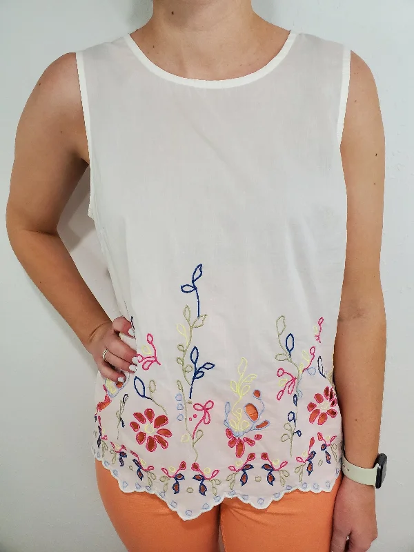 CHARLIE B EMBROIDERED FLORAL TANK - WHITE MULTI lightweight tank top