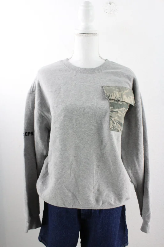 Vintage Grey Pocket Sweatshirt (L) Hoodie with Hem Embroidery Detailed Premium