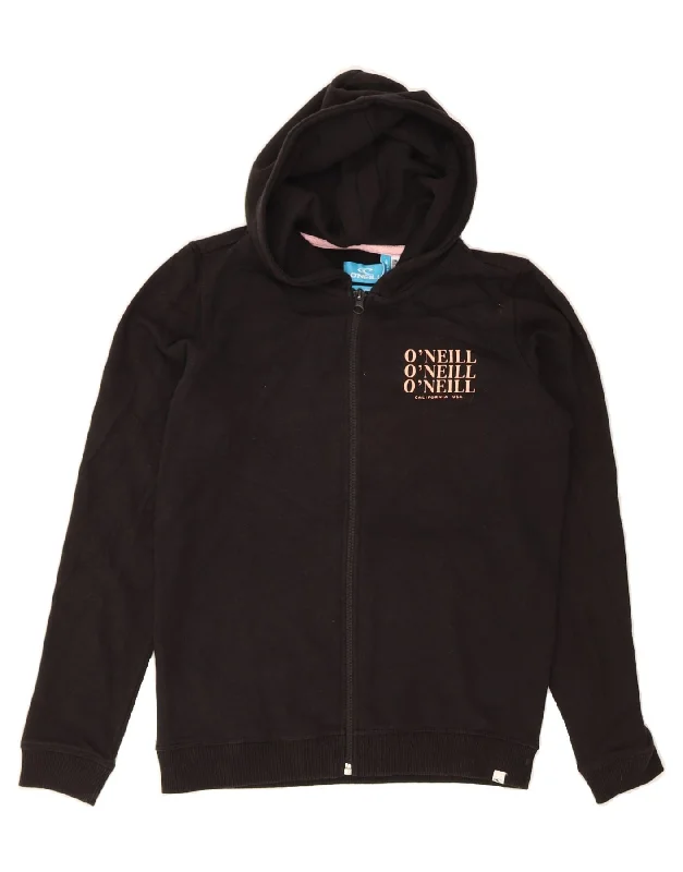 O'NEILL Womens Graphic Zip Hoodie Sweater UK 12 Medium  Black Cotton Graphic Sweater Embroidered Appliqued