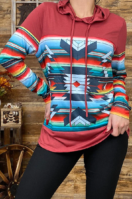 XCH10090 Maroon/multi color Aztec printed hoodie Hooded Sweatshirt Casual Wear Street Style