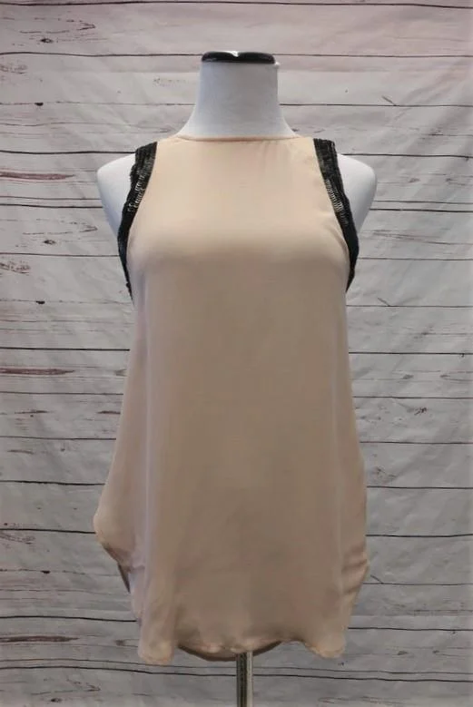 Haute Hippie Blouse Beige Sequin-Trim Silk Size Extra Small Cowl Back Tank basic tank top