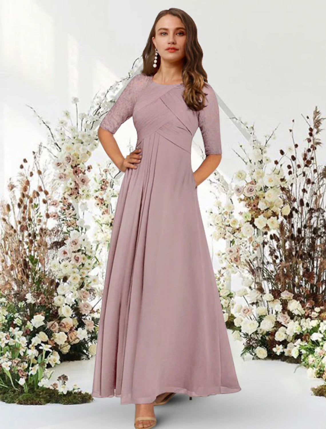 A-Line Evening Gown Elegant Dress Wedding Guest Formal Evening Floor Length Half Sleeve Jewel Neck Chiffon with Pleats Ruched Crew Neckline Casual