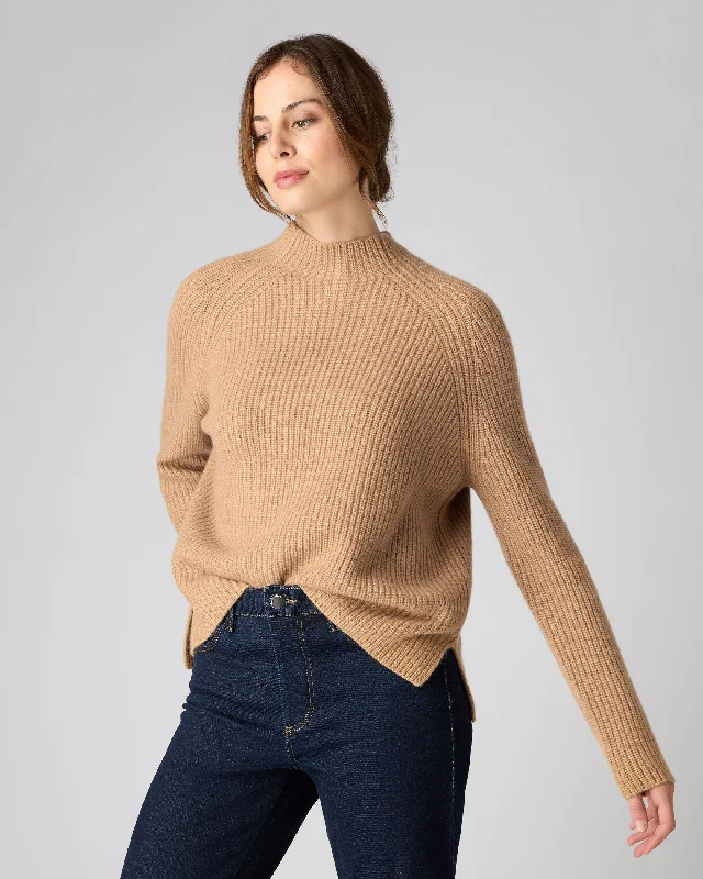 Women's Fisherman Rib Funnel Cashmere Sweater Sahara Brown Mesh Sweater Canvas Denim