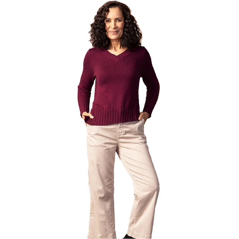 Women's Habitat Angled Rib V-Neck Sweater Wine Herringbone Houndstooth Plaid
