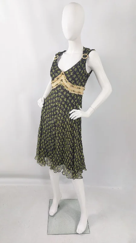 Ronit Zilkha Vintage y2k Pure Silk Chiffon Frog Print Dress Tunics Trousers formal