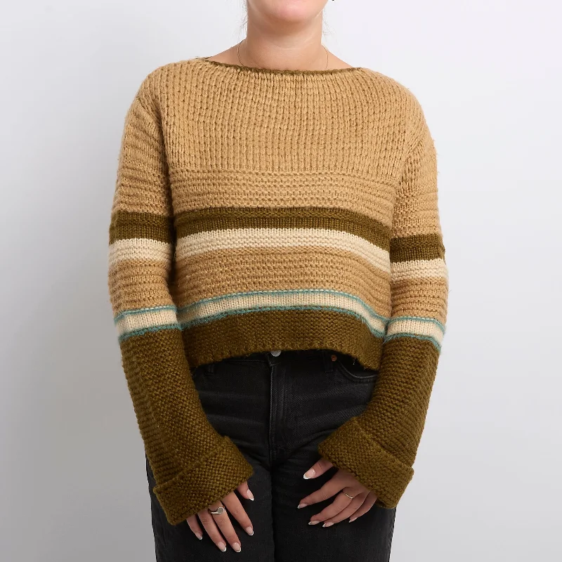 Heavy Knit Striped Round Neck Sweater - UK 14 High Neck Crew Neck V-Neck
