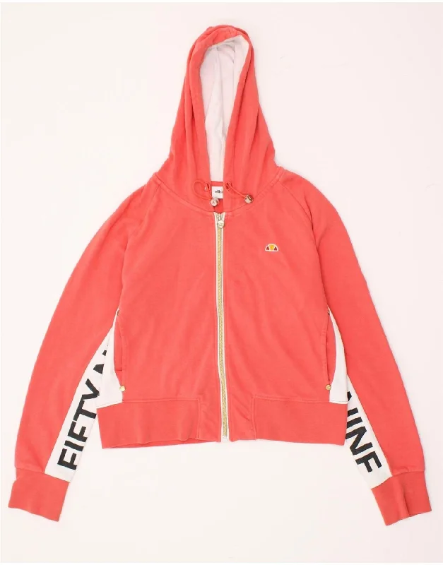 ELLESSE Womens Crop Graphic Zip Hoodie Sweater UK 16 Large Orange Cotton Zippered Buttoned Snapped