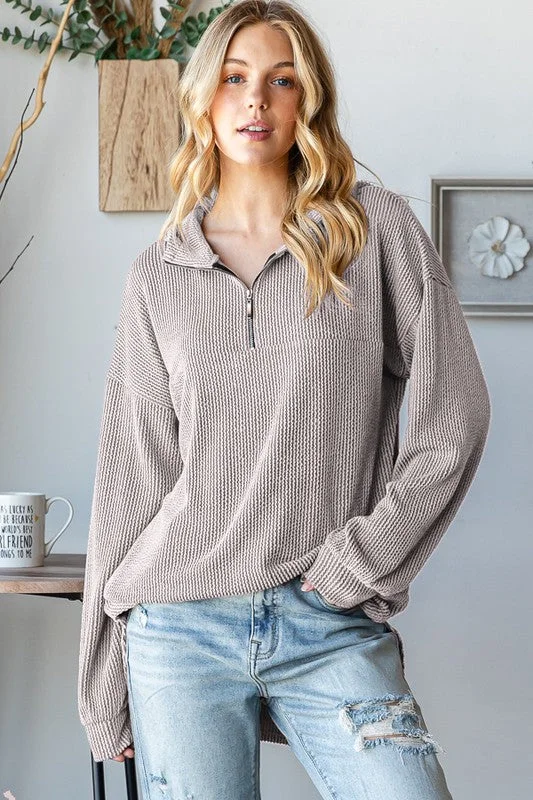 Follow Me Oatmeal Partial Zip Ribbed Hoodie (Size Medium) Hoodie with Snap Buttons Easy Quick