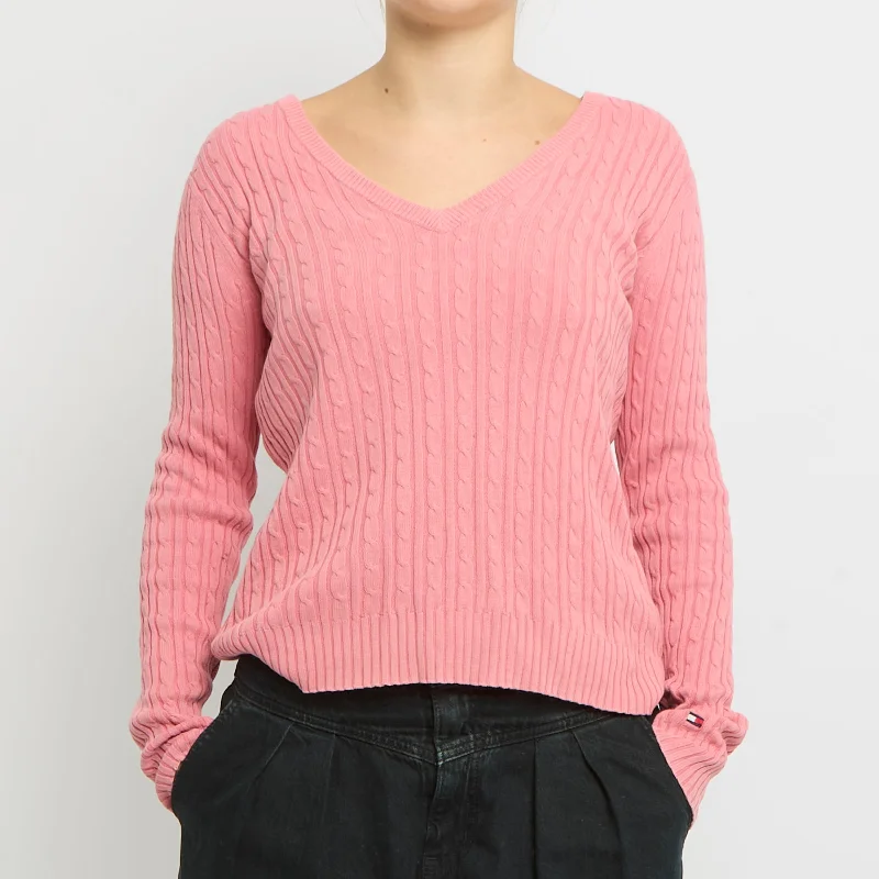 Tommy Hilfiger Cable Knit V-Neck Sweater- UK 10 Knit Fabric Woven Fabric Fleece Fabric