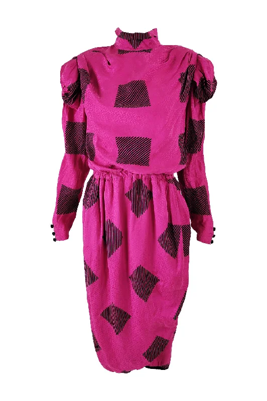 Robina Paris Vintage Fuchsia Silk Shoulder Pads Dress, 1980s Tunics Floral girly