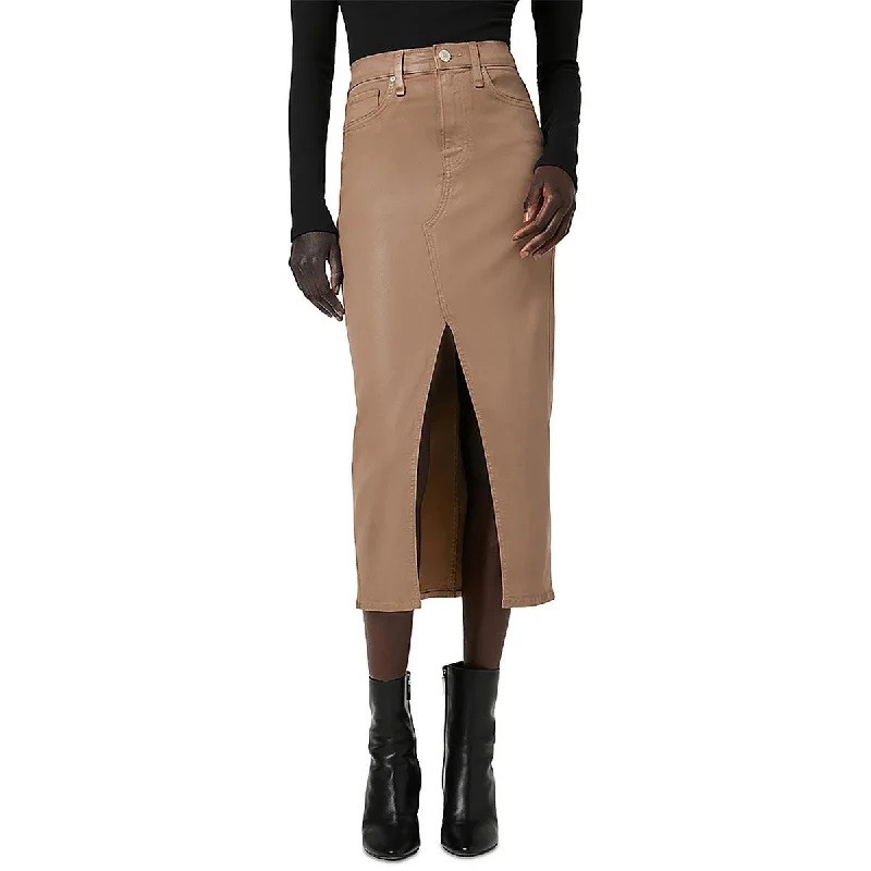 Hudson Womens Slit Coated Midi Skirt leather skirt refined