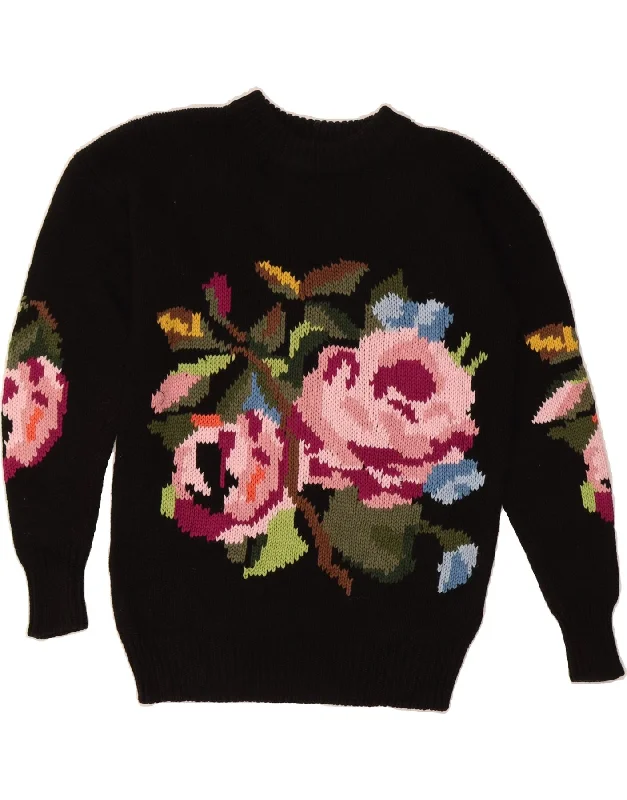 VINTAGE Womens Crew Neck Jumper Sweater UK 16 Large Black Floral Cotton Notch Collar Peter Pan Collar Cowl Neck