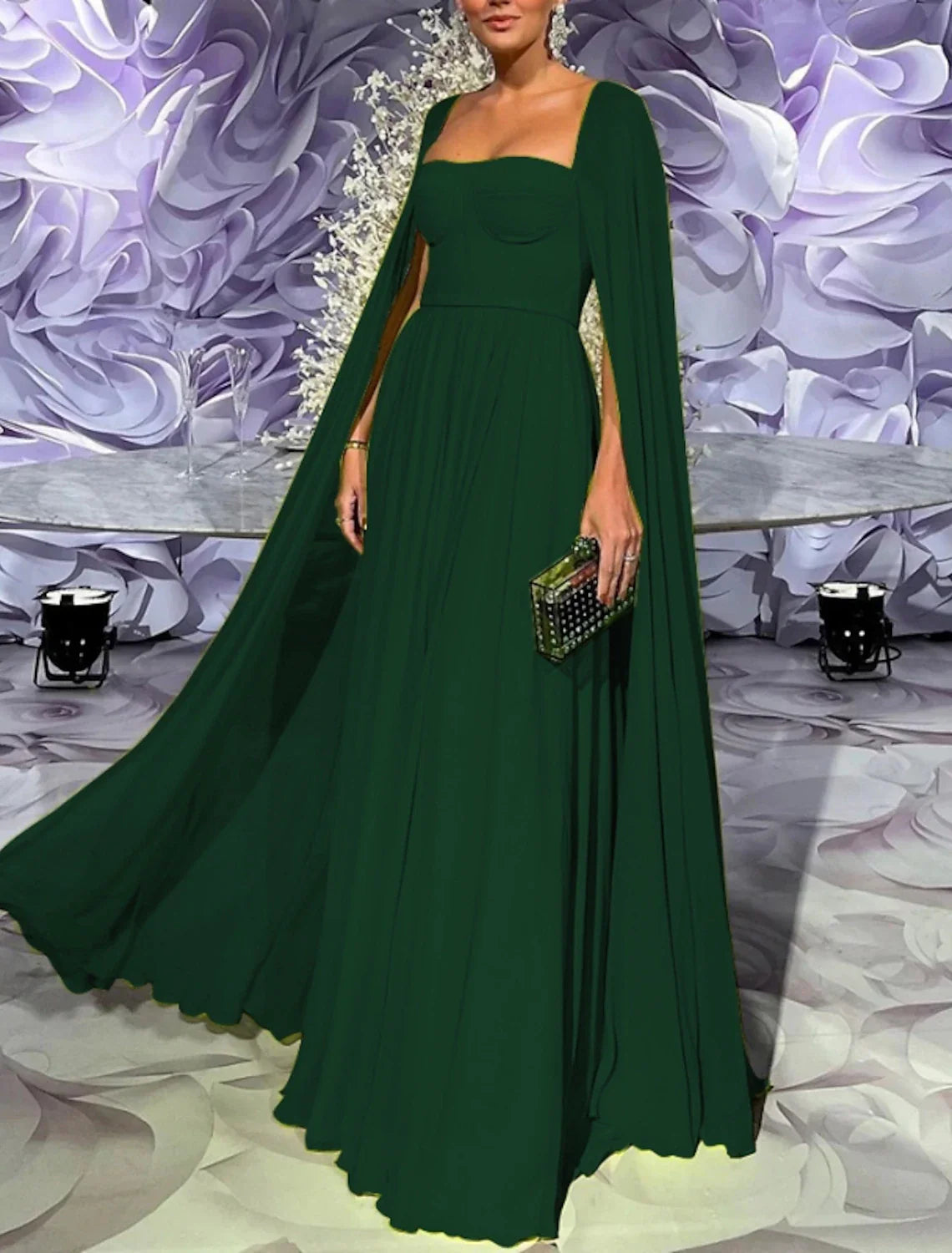 A-Line Evening Gown Elegant Cape Green Dress Formal Fall Floor Length Long Sleeve Square Neck Chiffon with Pleats Halter Neckline Beach A-Line Evening Gown Elegant Cape Green Dress Formal Fall Floor Length Long Sleeve Square Neck Chiffon with Pleats Halter Neckline Beach