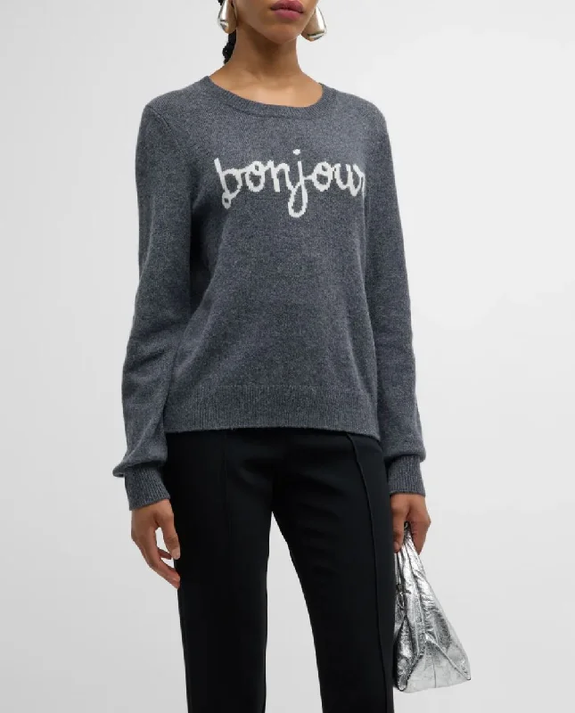 Cinq a Sept Bonjour Graphic Crewneck Sweater in Heather Grey/Ivory Boat Neck Shawl Collar Notched Collar
