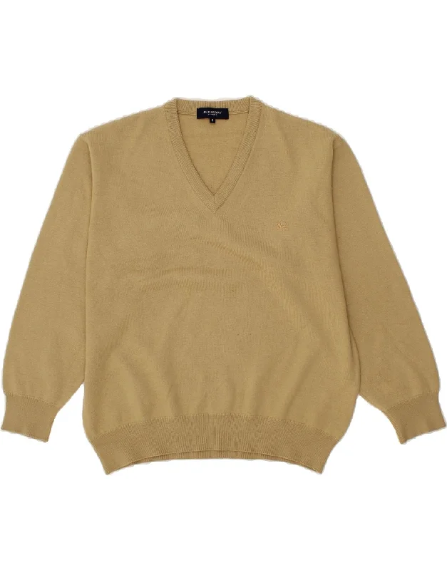 BURBERRY Womens V-Neck Jumper Sweater Small Beige Merino Wool Fleece Fabric Down Fabric Feather Fabric