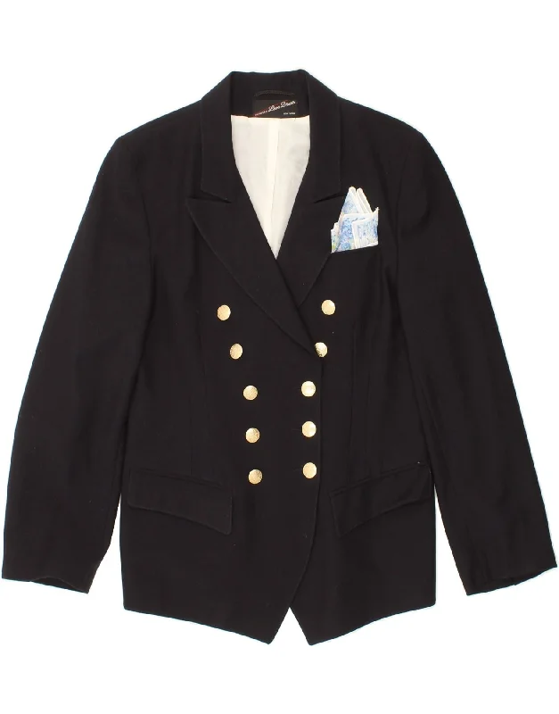 VINTAGE Womens Double Breasted Blazer Jacket US 7 Medium Navy Blue A-Line Jacket Boat Neck Shawl Collar