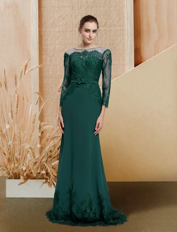 Mermaid / Trumpet Evening Gown Luxurious Dress Wedding Guest Engagement Sweep / Brush Train Long Sleeve Jewel Neck Chiffon with Bow(s) Sequin Appliques Tunics Corduroy durable