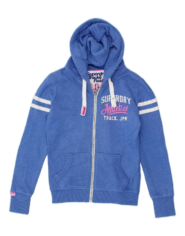 SUPERDRY Womens Graphic Zip Hoodie Sweater UK 6 XS Blue Cotton Houndstooth Herringbone Solid