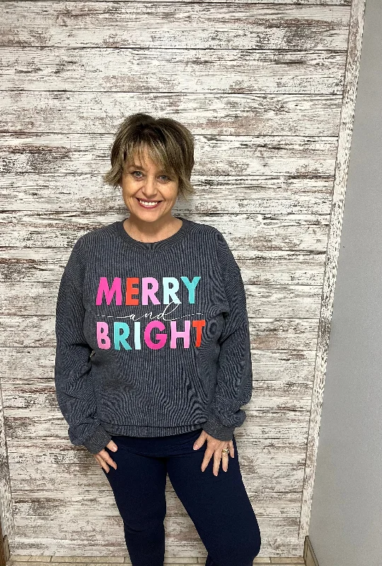 Merry & Bright Gray Corded Crewneck Sweatshirt (Size Small) Hoodie with Relaxed Fit Easy Casual