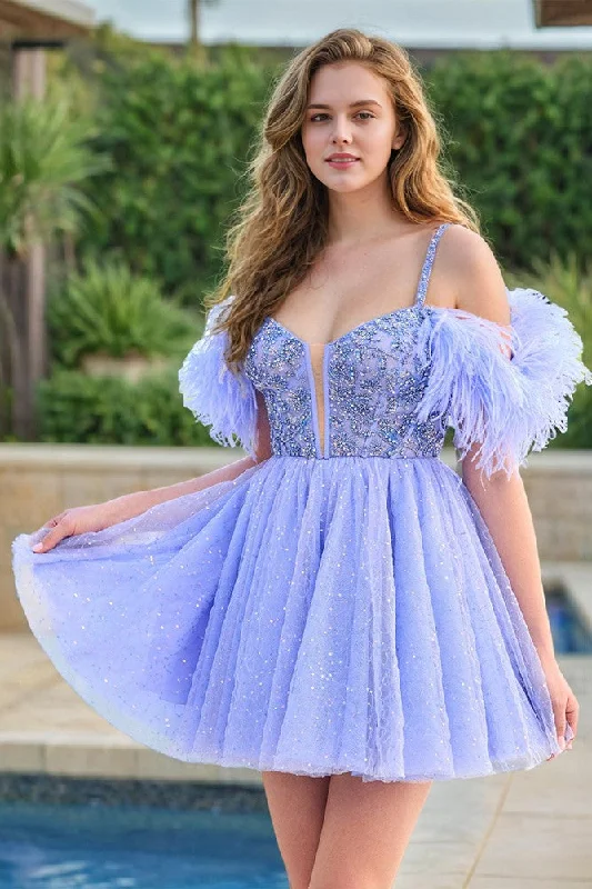 New Arrival Off-the-shoulder Mini Homecoming Dresses with Feathers Cowl Neckline Elegant