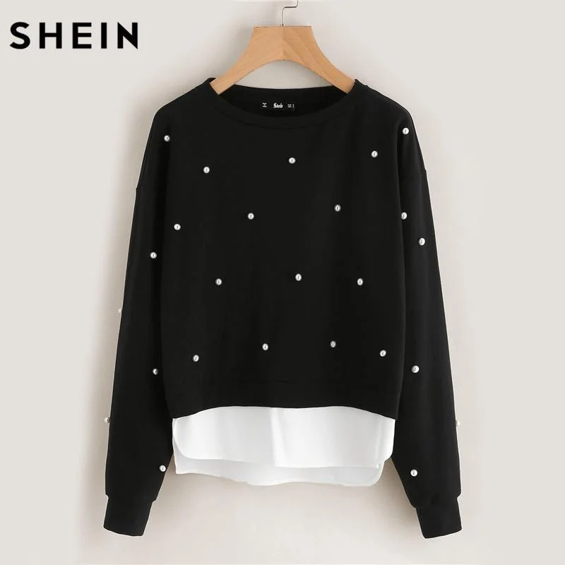 SHEIN Sweatshirt Woman Pearl Beading Hoodie with Relaxed Fit Easy Casual
