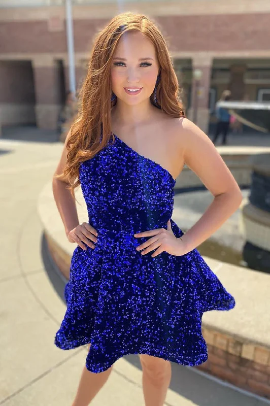 Cute Royal Blue One Shoulder A Line Sequins Short Homecoming Dresses with Pockets Turtleneck Neckline Stylish Cute Royal Blue One Shoulder A Line Sequins Short Homecoming Dresses with Pockets Turtleneck Neckline Stylish