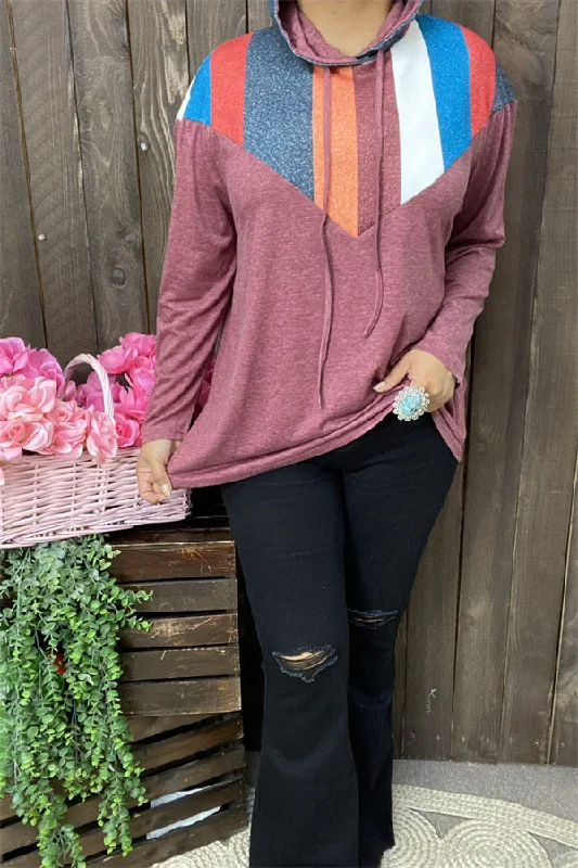XCH10162 Multi color stripe printed  long sleeve w/string women rust tops/hoodie (AS10) Hoodie with Thumb Holes Functional Cozy