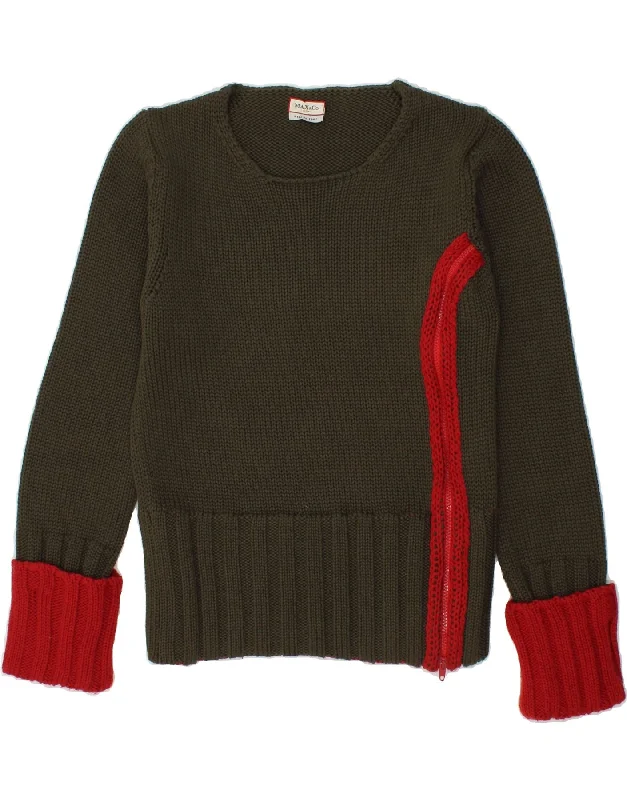 MAX & CO. Womens Boat Neck Jumper Sweater UK 10 Small Khaki Virgin Wool Front Pockets Side Pockets Patch Pockets