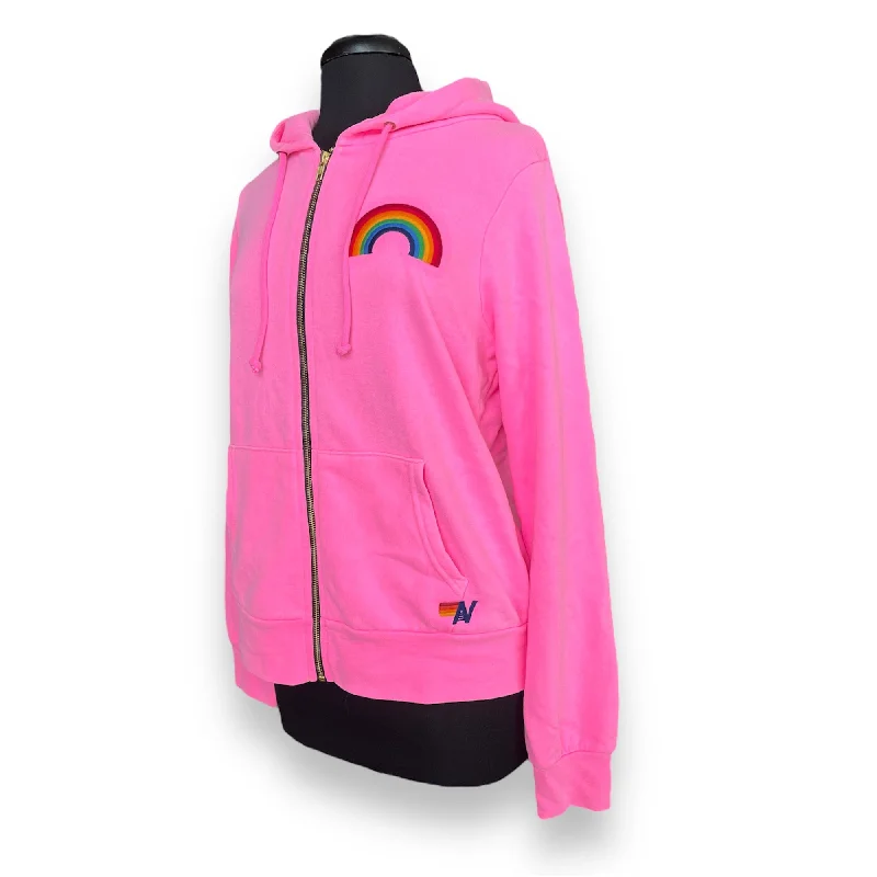 Rainbow Embroidery Zip Hoodie Pink Hoodie with Hood Adjustable Protection